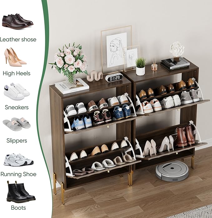 Shoe Storage Cabinet with Textured Diagonal Lines Doors 2 Flip Drawers, Walnut Narrow Shoe Cabinet Storage for Entryway, Freestanding Shoe Organizer Cabinet, Slim Shoe Rack Cabinet