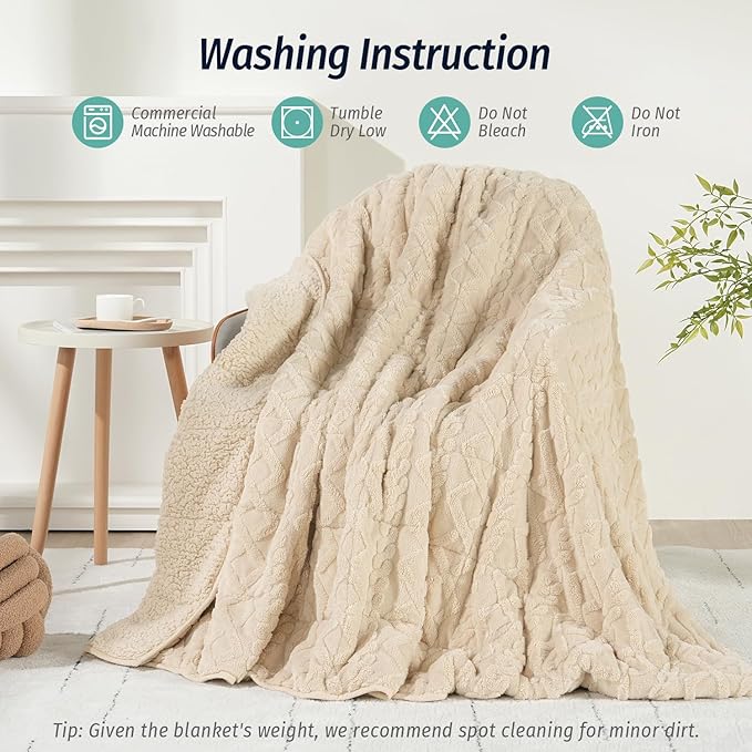 Wemore Weighted Blanket for Adults Twin Size 20 lbs, Dual Sided Soft Fuzzy Jacquard Sherpa Weighted Blankets for Sleeping, Cozy Fluffy Knitted Heavy Blanket for Couch Bed, Khaki, 60 x 80 inches