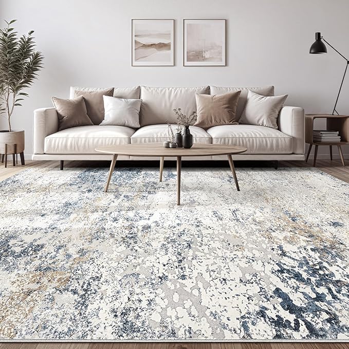 Area Rug Living Room Rugs - 10x13 Large Soft Indoor Neutral Modern Abstract Low Pile Washable Rug Carpet for Bedroom Dining Room Farmhouse Home Office - Beige Blue