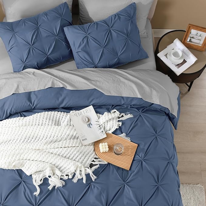 Litanika Ocean Blue King Pinch Pleat Duvet Cover, 3 Pieces Pintuck Cover Soft Microfiber Bedding Set with Zipper Closure & Corner Ties(104x90Inch-1 Duvet Cover, 2 Pillowcases)