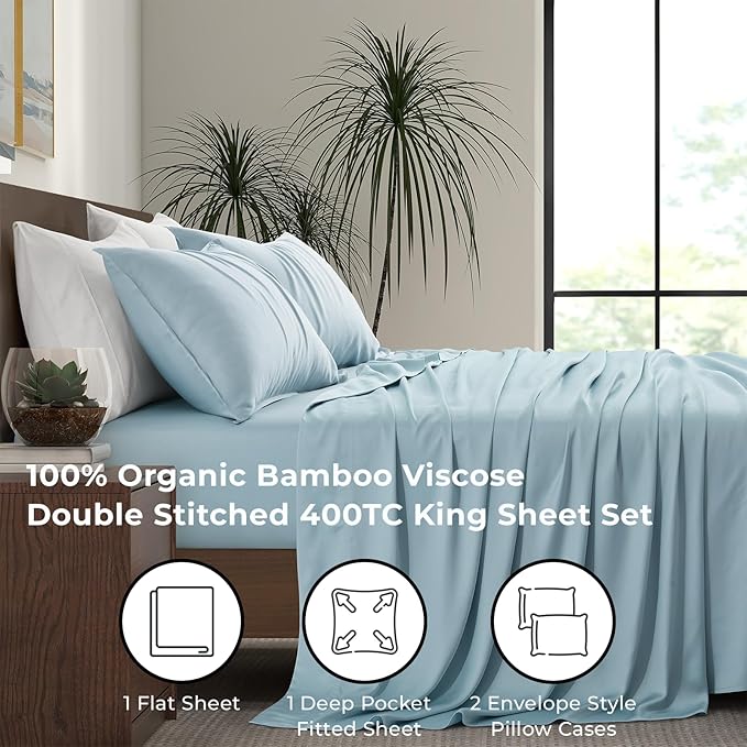 Luxury Bamboo Market | King Size Bed Sheet Set | 100% Viscose Made from Bamboo | Organically Grown | Ultra Soft | Cooling Sheets for Hot Sleepers | 17" Deep Pocket [Spa Blue]