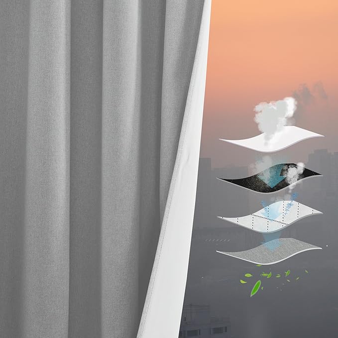 RYB HOME 4 in 1 Set Dust Filter - Soundproof - Blackout - Insulating, Energy Efficiency Linen Curtains for Kids Bedroom Living Room Divider Apartment Hotel Office Theatre, Grey, W 52 x L 95, 2 Pcs