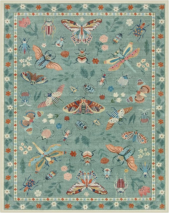 Lahome Insect 9x12 Area Rugs for Living Room Bedroom, Soft Washable Rugs 9x12 Stain Resistant, Ultra-Thin Non-Slip Non-Shedding Accent Carpet for Dining Room Office, Green