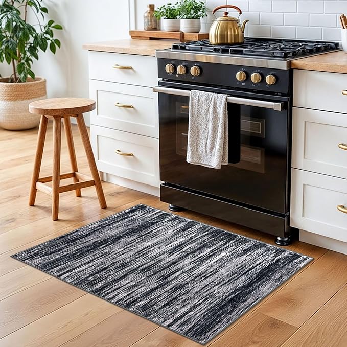 2x3 Modern Abstract Rug for Entryway, Black Super Soft Small Area Rug, Washable Non-Slip Kitchen Rugs, Low-Pile Mat Carpet for Bedside, Indoor Door Mat