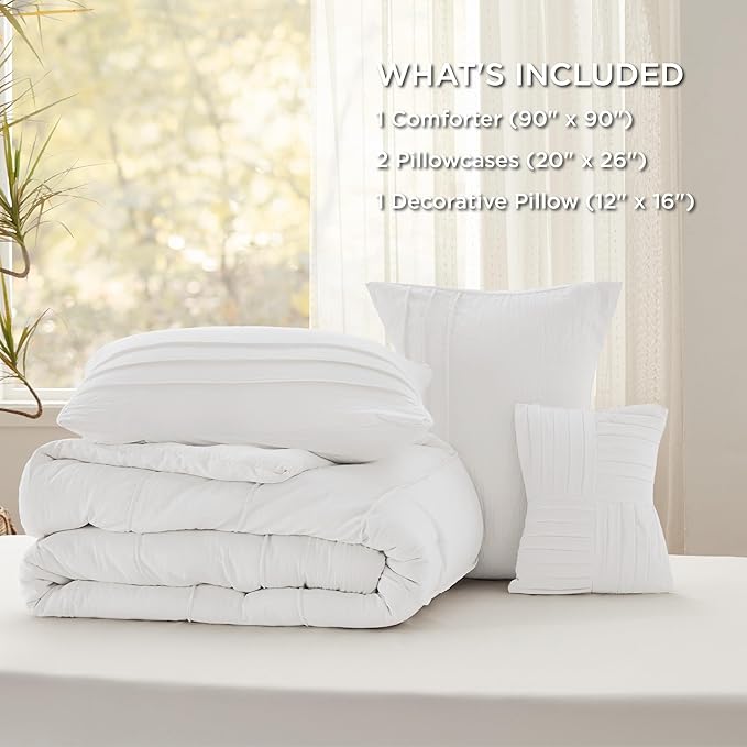 Bedsure White Queen Comforter Set - 4 Pieces Pinch Pleat Bed Set, Down Alternative Bedding Sets for All Season, 1 Comforter, 2 Pillowcases, 1 Decorative Pillow