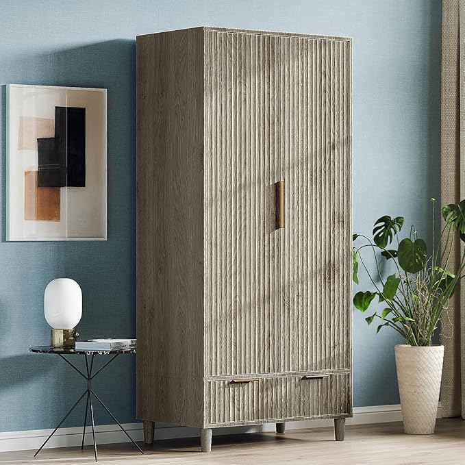 VINGLI Fluted Armoire Wardrobe Closet Wooden with Doors and Drawers, Wardrobe Cabinet with Hanging Rack, Bedroom Closet Wood, Free Standing Armoire with Shelf and Solid Wood Legs, Grey