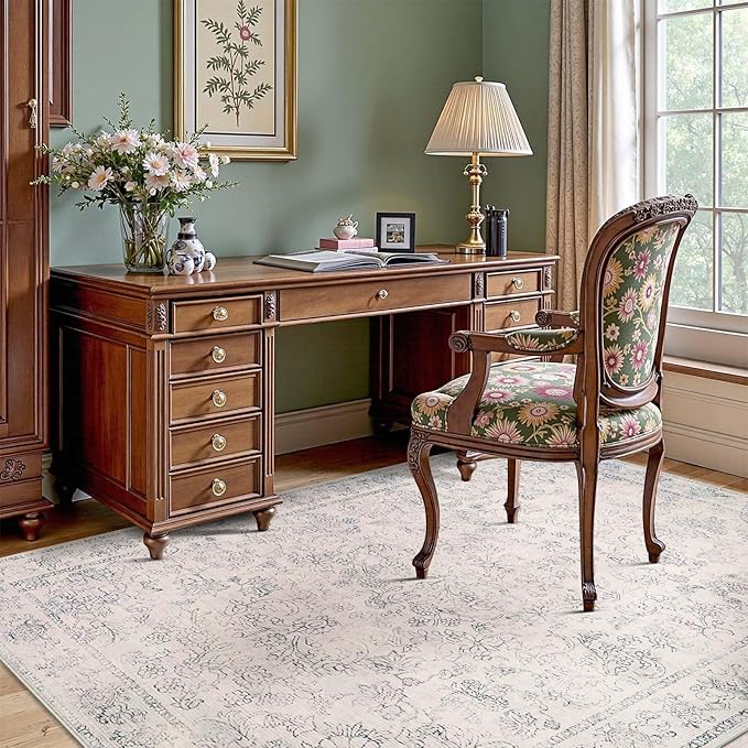 jinchan 4x6 Ivory Area Rugs for Living Room – Machine Washable Vintage Floral Soft Stain Resistant Low Pile Rug, Non Slip Ultra-Thin Carpet for Bedroom Dining Room Home Office Nursery (4'x6', Ivory)