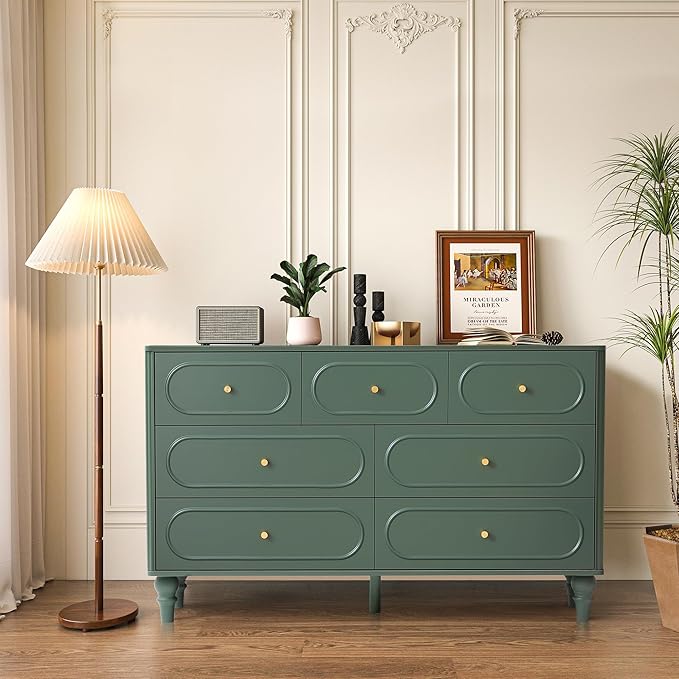ORRD Fluted 7 Drawer Dresser for Bedroom, Modern Mid Century Chest of Drawers, Wood Storage Large Dresser Organizer for Bedroom Living Room Closet Hallway, Green