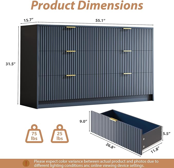 6 Drawer Dresser for Bedroom, 55" Wide Modern Chest of Drawers with Gold Metal Handles, Fluted Wood TV Stand for Living Room, Hallway(Navy Blue)