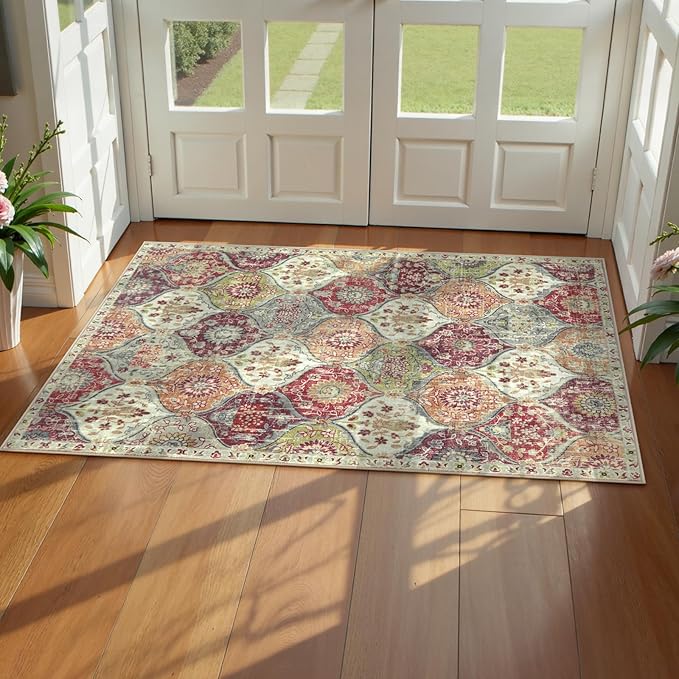 Lahome Washable Entryway Rug, 2x4 Kitchen Rugs for Entryway Bathroom, Non-Slip Indoor Door Mat Ultra-Thin, Small Oriental Throw Carpet for Bedroom Entry, Orange/Terracotta