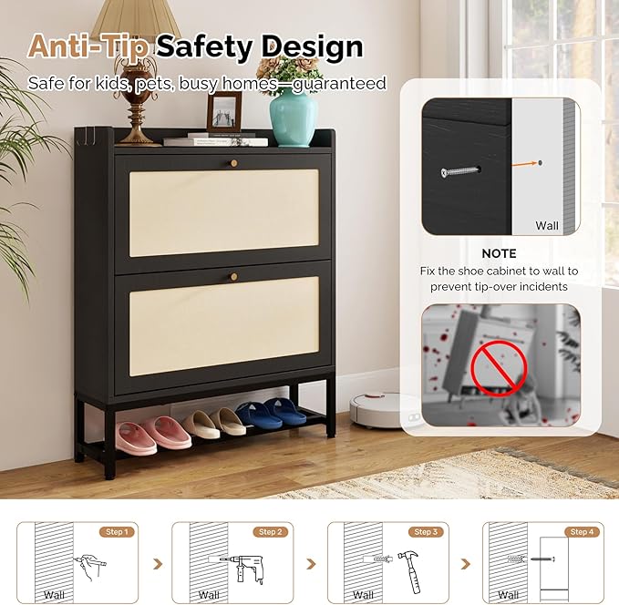 Slim Entryway Shoe Storage Cabinet with 2 Flip Drawers, Modern Freestanding Shoes Organizer Holds 16-20 Pairs, Closed Shoe Storage for Hallway, Foyer - Space-Saving Wood Shoe Cabinet