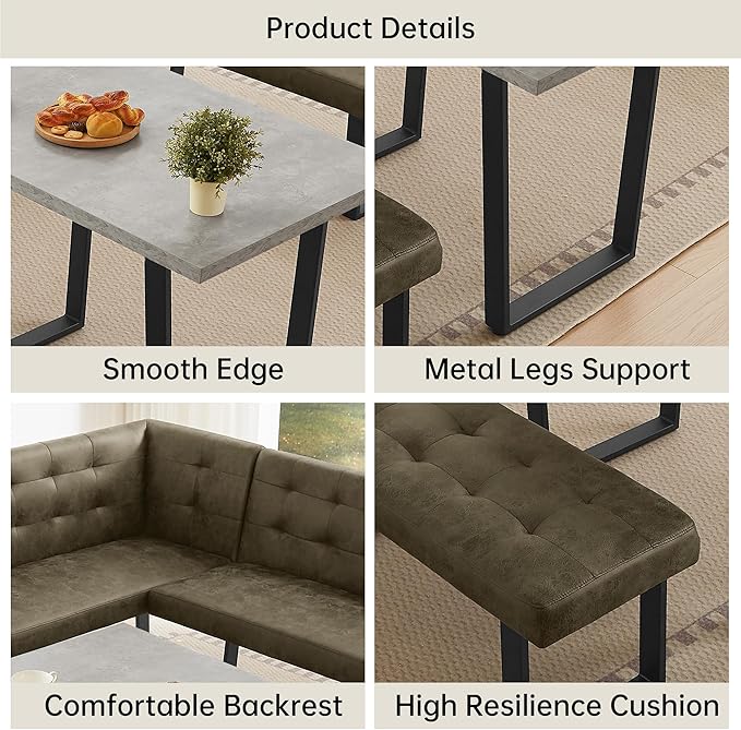 3-Piece Corner Dining Table Set with Bench, 70 Inch Space-Saving Breakfast Nook for Kitchen & Dining Room(Grey Table+Right Seat Brown Bench)