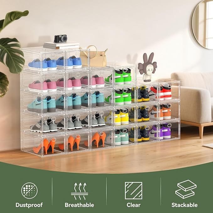 Thicken Hard Clear Shoe Storage Organizer for Closet, 12 Pack Modular Plastic Stackable Shoe Storage Box Organizer, Shoe Sneaker Rack Display Case Containers Bins with Lids, White