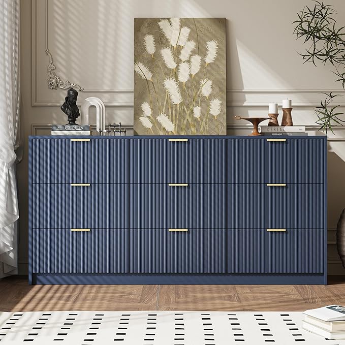 Navy 9 Drawer Dresser for Bedroom, 63" Wide Modern Fluted Dresser with Gold Metal Handles, Chest of Drawers for Bedroom, Living Room, Entryway, Hallway