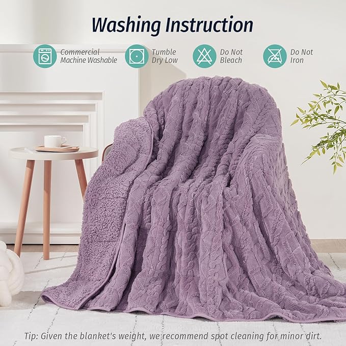Wemore Weighted Blanket for Adults Twin Size 20 lbs, Dual Sided Soft Fuzzy Jacquard Sherpa Weighted Blankets for Sleeping, Cozy Fluffy Knitted Heavy Blanket for Couch Bed, Purple, 60 x 80 inches