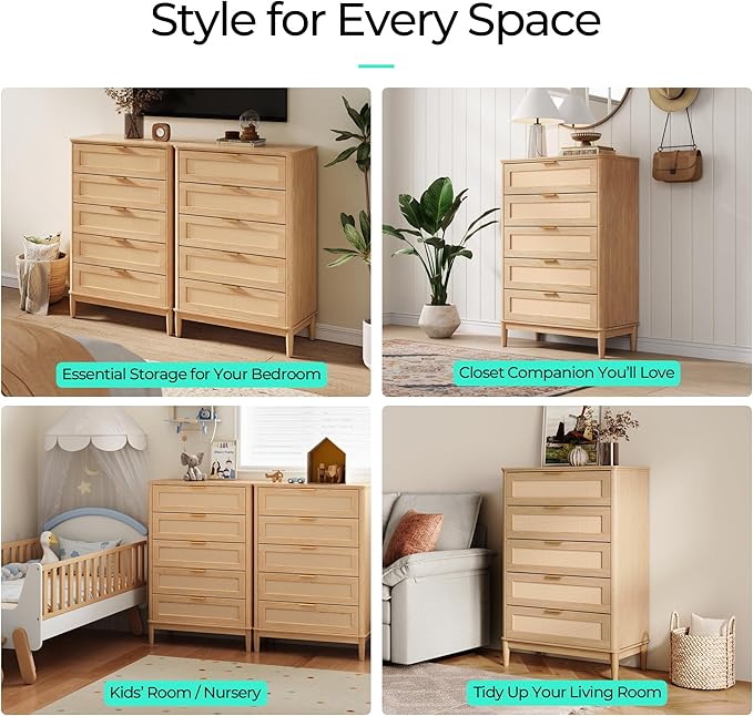 LINSY Rattan 5 Drawer Dresser for Bedroom, 46" Tall Mid-Century Modern Chest of Drawers, Deep Storage Dresser with Curved Corner Design, Large Accent Wood Cabinet for Bedroom, Oak