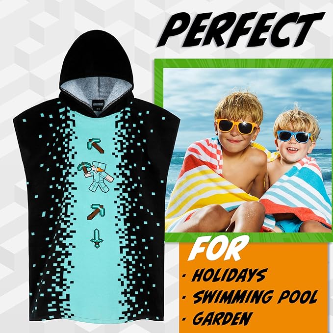 Minecraft Towelling Poncho Kids Teens Hooded Bath Towels Absorbent Beach Towel (Black/Blue, 6-9 Years)