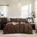 FOSSA Duvet Cover Set 100% Washed Cotton Linen Feel Super Soft Breathable Cozy 3 Pieces Bedding Sets Solid Cocoa Brown Queen