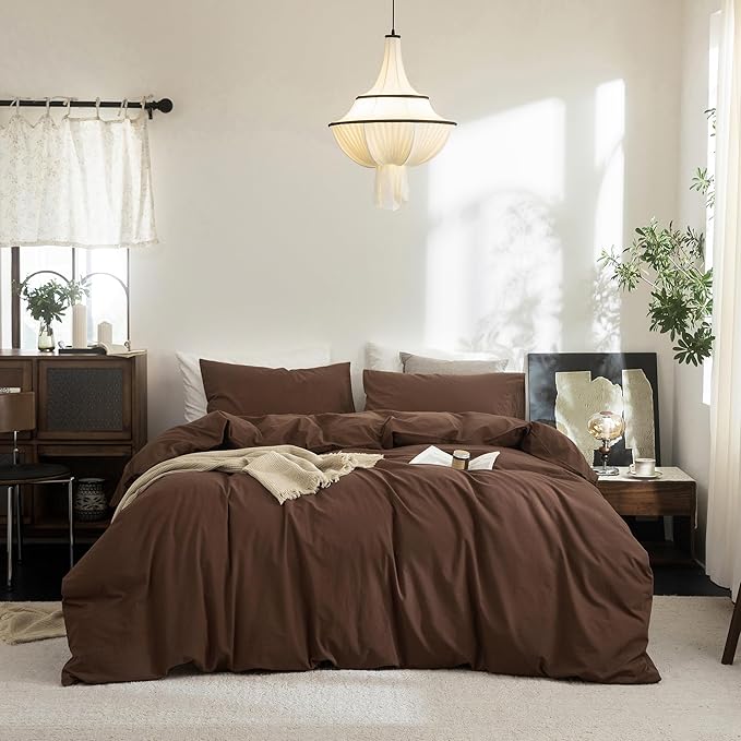 FOSSA Duvet Cover Set 100% Washed Cotton Linen Feel Super Soft Breathable Cozy Simple Style 3 Pieces Bedding Sets Solid Cocoa Brown Super King Plus