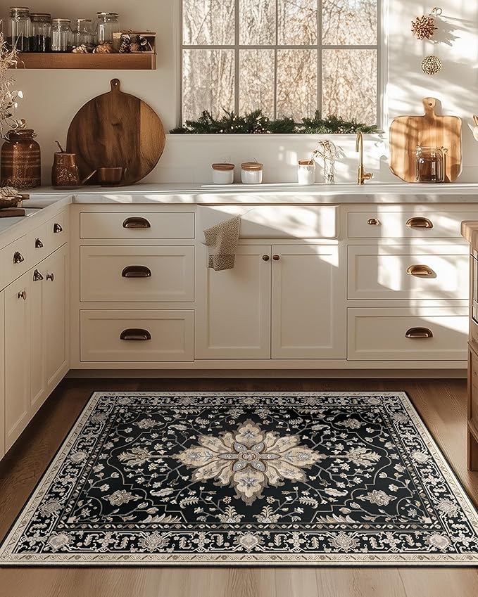 Area Rugs 3'x4' Washable Non-Slip, Floral Vintage Distress Print Pattern Medallion Carpet for Living Room Bedroom Dining Room, Black Brown Neutral Dark Tan
