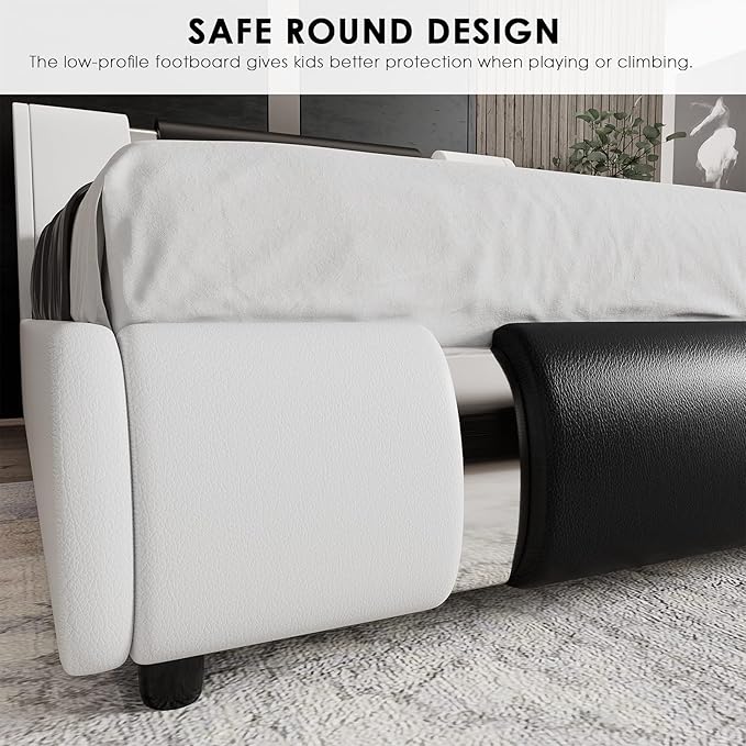 TTVIEW Modern Faux Leather Upholstered Platform Bed Frame with Iron Metal Decor, Adjustable Curved Headboard, Wooden Slats Support, No Box Spring Needed, Queen Size, Blackwhite