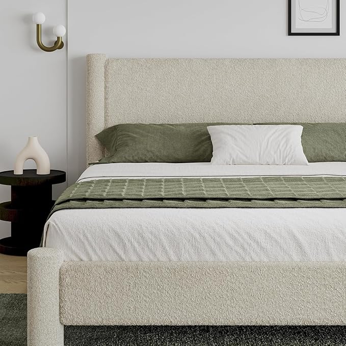 California King Size Bed Frame, Boucle Bed Frame with Headborad, Soft Upholstered Platform Bed Frame with Rounded Corners, No Box Spring Required, Easy Assembly, Cream