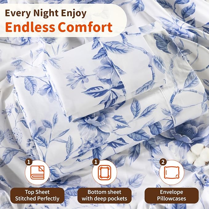 LBRO2M 1000 Thread Count Sheets 100% Egyptian Cotton Bedding Set Floral Queen Size Sheets 16 Inches Deep Pocket Bedding 4 Piece Sets (Queen, Field Flower)