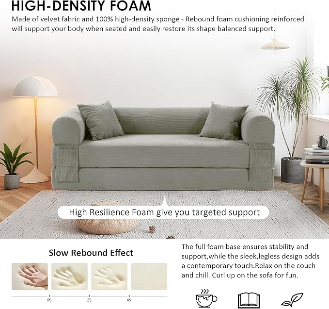 80" Convertible Sofa Bed, No Assembly Modern Boneless Compression Sofa in Box, 3-in-1 Corduroy Folding Pull Out Couch with Pillows, Floor Couch with Side Storage Pocket for Living Room,Light Grey