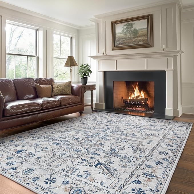jinchan Lima 6x9 Machine Washable Area Rugs for Living Room - Vintage Floral Stain Resistant Low Pile Ultra-Thin Non Slip Accent Rug for Bedroom Kitchen Dining Room Home Office (6x9ft, Blue)