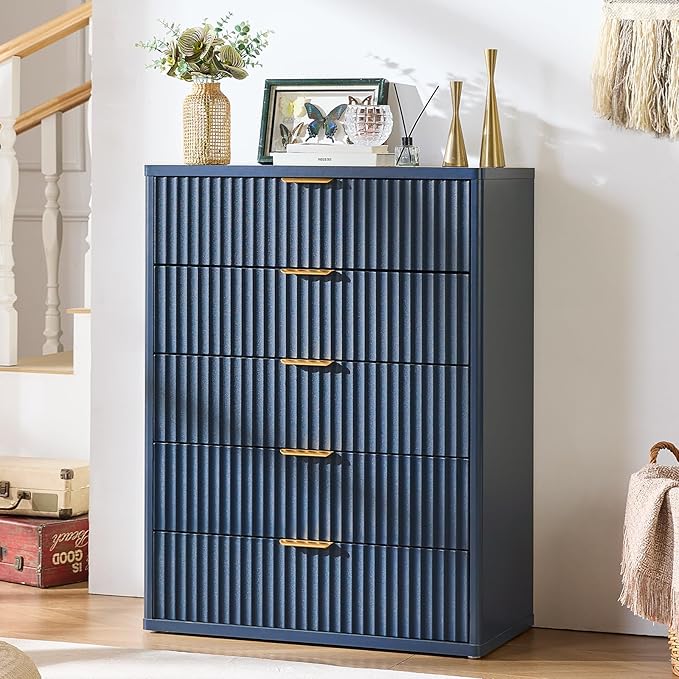 LEYAOYAO Fluted 5 Drawers Dresser for Bedroom, 41" Tall Modern Chest of Drawers with Metal Handle, Curved Profile Farmhouse Closet Organizer Wood Dressers TV Stand for Living Room, Hallway, Navy Blue