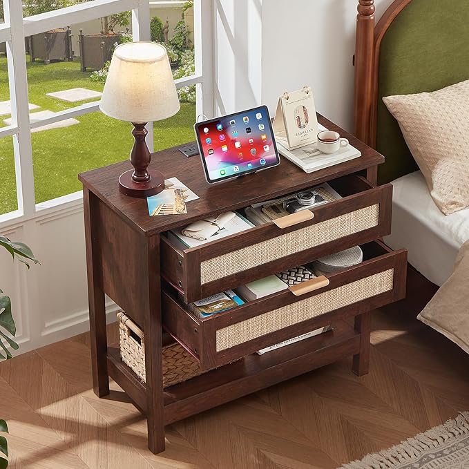 LEYAOYAO 31.5" Wide Rattan Night Stand, Large Boho Nightstand, Bedside Table with Storage, Tall Bed Side End Tables, Chest of Drawers for Bedroom, Living Room, Hallway（Walnut,2 Drawers with Charger,2）