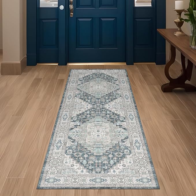 Washable Runner Hallway Rug,Low Pile 2x6 Non Slip Non-Shedding Kitchen Carpet Soft Indoor Stain Resistant Rug for Bedroom Laundry Room Bathroom Blue Beige Multi