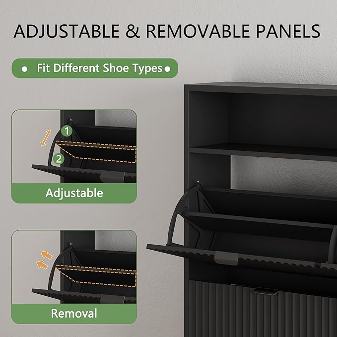 Shoe Cabinet with 4 Flip Drawers, 46" Tall Narrow Fluted Shoe Storage Organizer for Entryway, Hidden Slim Wooden Shoe Rack Cabinet for Front Door Entrance, Hallway, Living Room, Solid Black