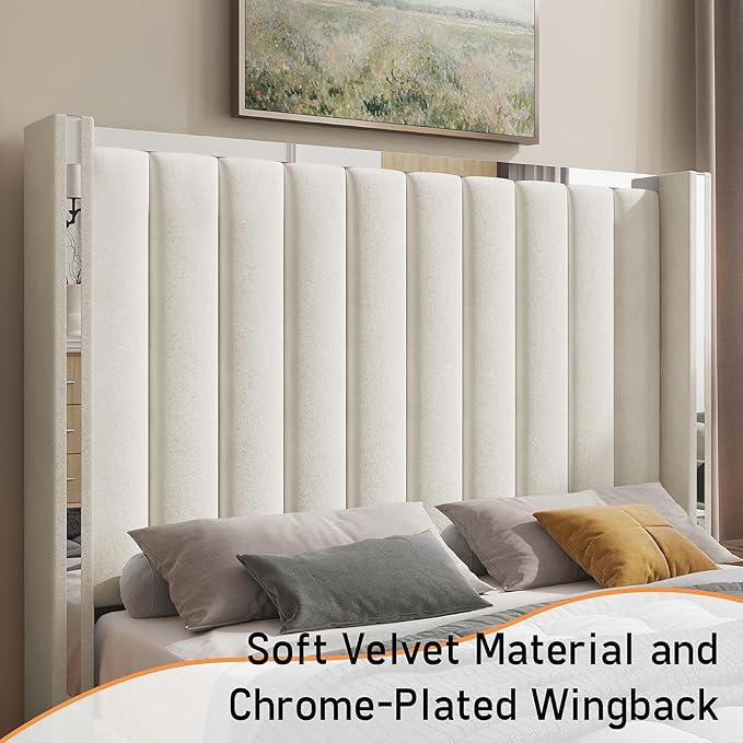 Jocisland King Size Bed Frame with 58" Tall Headboard, Platform Velvet Upholstered Bed with Channel Tufted Wingback Headboard and Plating Trim, No Box Spring Needed, Cream
