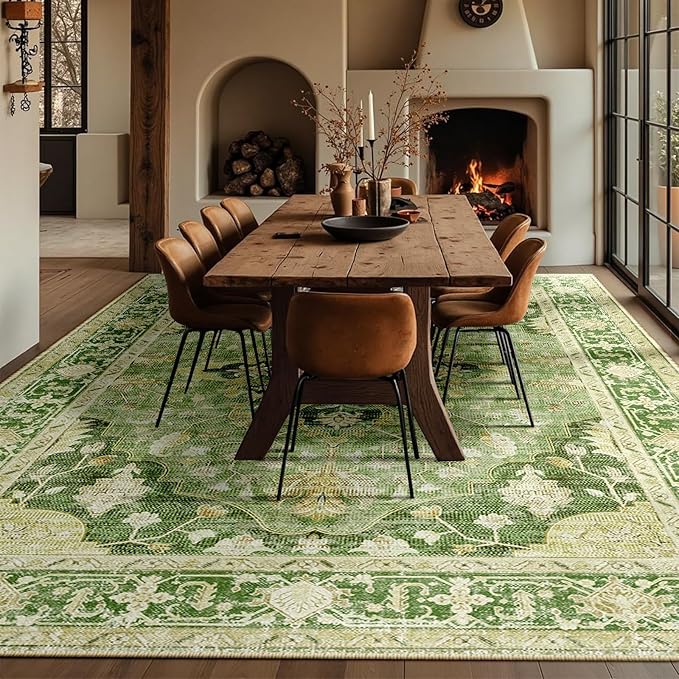 Area Rugs 10'x14' Washable Non-Slip, Floral Vintage Distress Print Pattern Medallion Carpet for Living Room Bedroom Dining Room, Sage Green Yellow