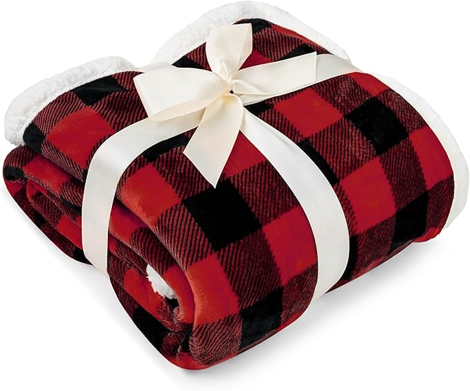 PAVILIA Buffalo Check Sherpa Blanket Throw Queen,Red Black Checkered Flannel Fleece Blanket,Christmas Plaid Warm Plush Microfiber Blanket for Couch Sofa,90x90 Inches