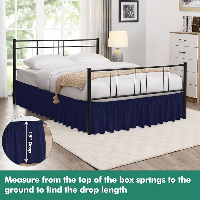 Biscaynebay Wrap Around Bed Skirts with Split Corners for Queen Beds 15" Drop, Navy Adjustable Elastic Dust Ruffles Easy Fit Wrinkle Resistant Silky Luxurious Fabric Machine Washable