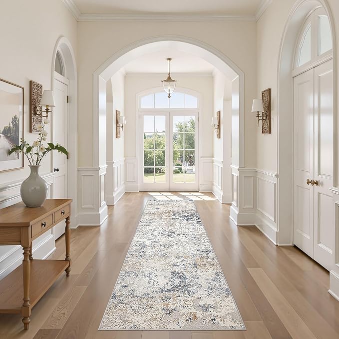 Washable Runner Rug for Hallway: 2.6x8 Neutral Modern Abstract Low Pile Area Rug with Non-Slip Backing - Carpet for Bedroom Kitchen Laundry Entryway Bathroom Indoor - Beige Blue