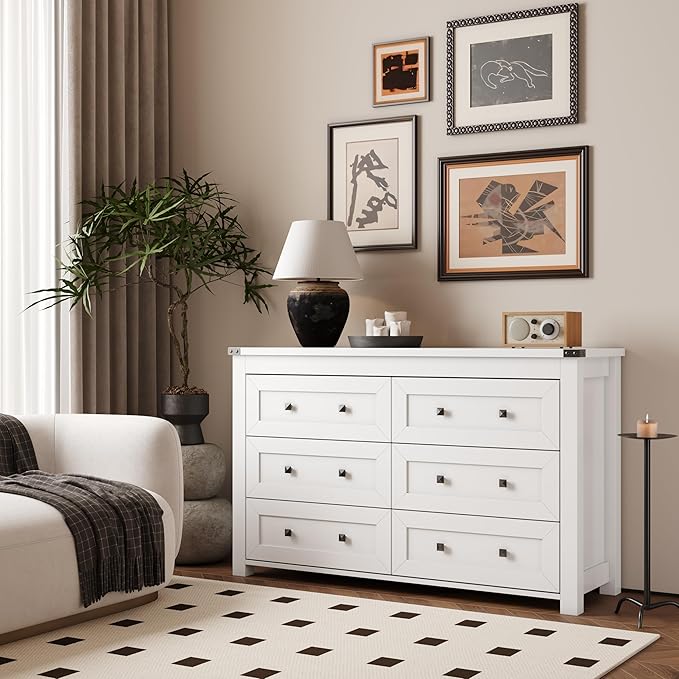 Dresser for Bedroom with 6 Drawers, Farmhouse Wood Chest of Drawers, Wide TV Stand Closet Storage Furniture with Metal Handle, Modern Clothes Organizer for Hallway, Living Room, Entryway, White
