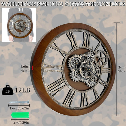 HOIBAI Clocks for Living Room Decor, Large Wall Clock 24 in (60cm) Clocks Wall Decor, Moving Gear Wall Clock, Farmhouse Vintage Industrial Oversized