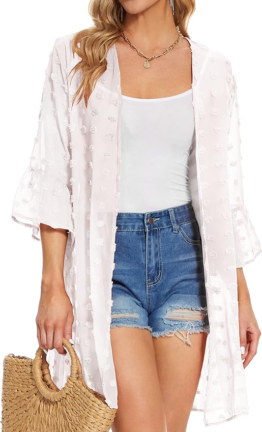 CHICGAL Womens Kimono for Summer Puff Sleeve Cardigan Casual Loose Fit Beach Cover Ups Resorts Swimwear