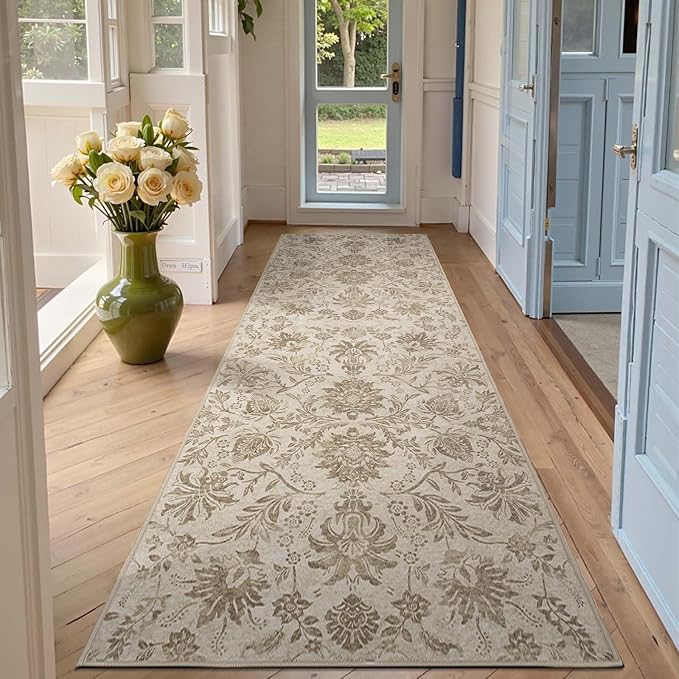 jinchan Torino Runner Rugs 3x8, Vintage-Inspired Floral Neutral Design Machine Washable Non-Slip Ultra-Thin Low-Pile Rubber Backing Traditional Rug for Kitchen Hallway Laundry Room Entryway Taupe