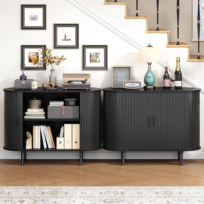 Buffet Cabinet with Storage, 40" Fluted Sideboard Buffet with Sliding Door, Coffee Bar Cabinet with Adjustable Shelf, Console Table, Accent Table for Entryway, Kitchen, Dining Room, Black