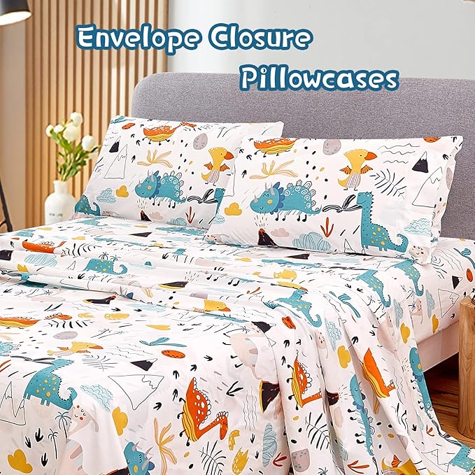 JSD Dinosaur Kids Sheet Set Full Size, 4 Piece Dino Pattern Microfiber Bed Sheets for Boys Girls Deep Pocket