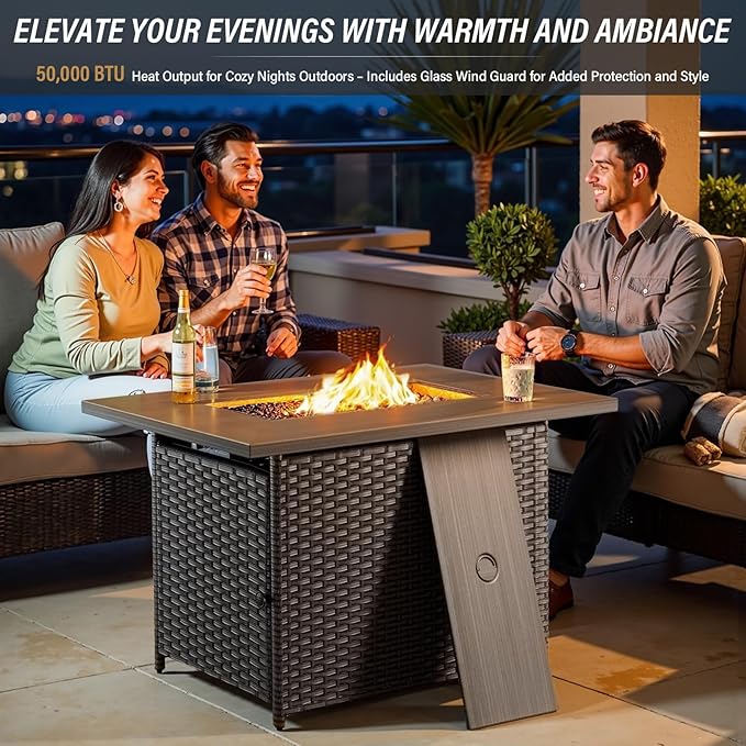 Belord Luxury Wicker Patio Furniture Set with 41” Fire Pit Table - Swivel Rocker Glider Outdoor Chairs with Sofa and Glass Top Side Table, All-Weather Removable 6" Red Seat Cushion for Patio Evenings
