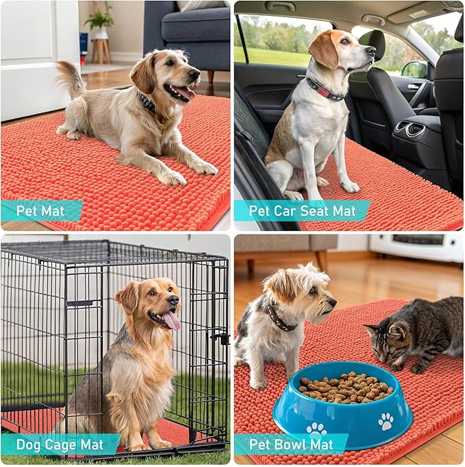 OLANLY Dog Door Mat for Muddy Paws 30x17, Absorbs Moisture and Dirt, Absorbent Non-Slip Washable Doormat, Quick Dry Chenille Mud Mat for Dogs, Entry Indoor Entryway Carpet for Inside Floor, Coral