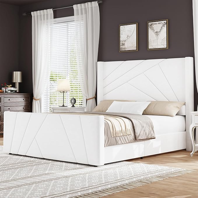 BarnFurin Full Size Bed Frame, Velvet Upholstered Platform Bed with Geometric Tufted Headboard & Footboard, Wingback Design, Mattress Foundation with Wooden Slats, Cream White