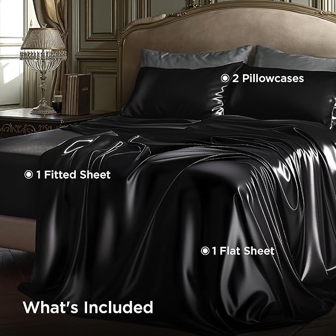 Bedsure Black Satin Sheets King Size - 4 Piece Silky Bedsheets with 15 Inches Deep Pocket Fitted Bedsheet,1 Flat Sheet, 2 Satin Pillowcases, Good for Hair & Skin (King, Black)