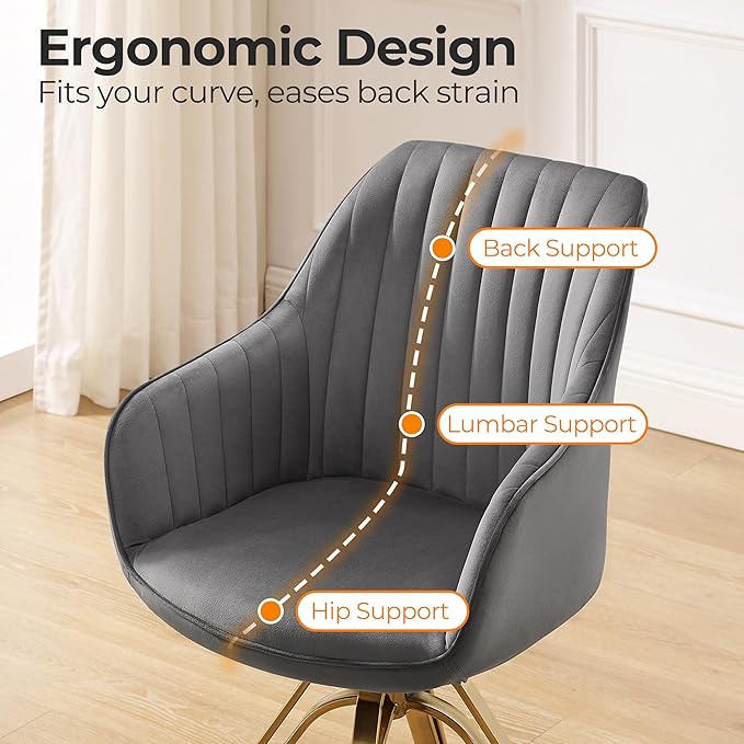Zouron Mid Century Modern Swivel Accent Chair with Gold Metal Legs, Upholstered Swivel Chair No Wheels, Side Accent Arm Chair Vanity Chair for Small Space Home Office Living Room Bedroom, Grey
