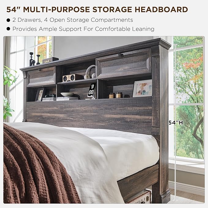 Farmhouse King Size Bed Frame with 54" Tall Storage Bookcase Headboard, Wood Platform Bed Frame with 18" Tall Roman Column Decoration Footboard & 2 Drawers, No Box Spring Needed(Dark Rustic Oak)